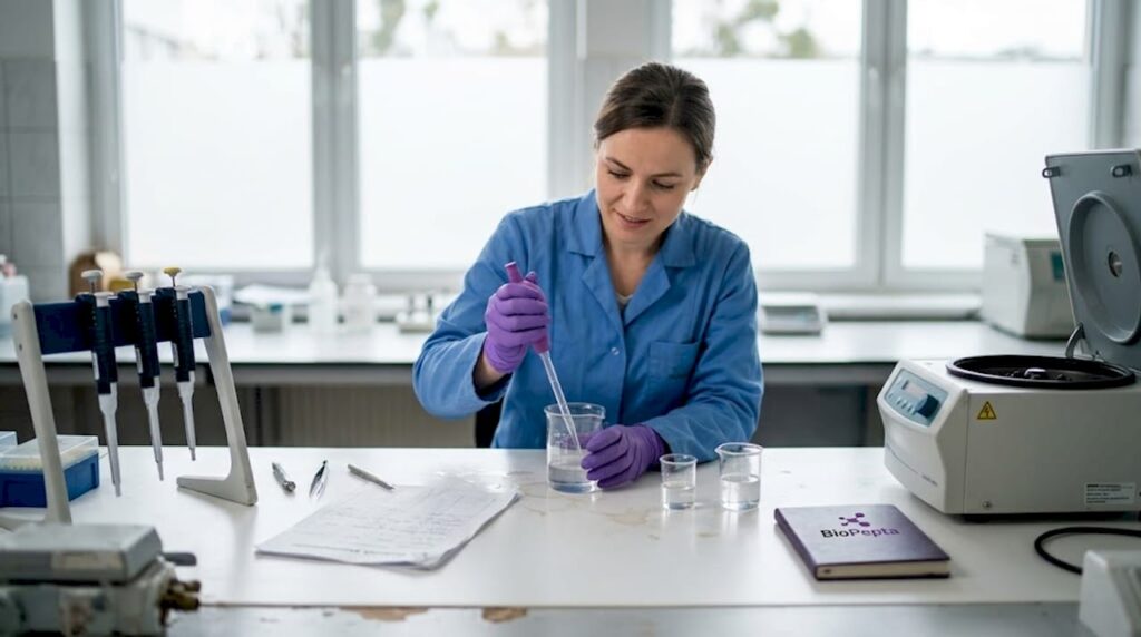Laborant w laboratorium przygotowuje próbkę peptydu do dalszych badań.