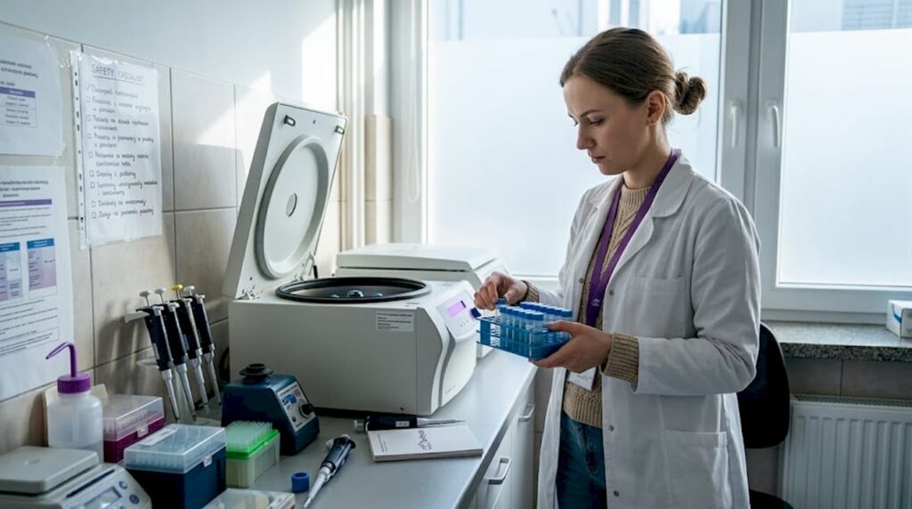 Pracownik laboratorium analizuje próbki peptydów podczas badań.
