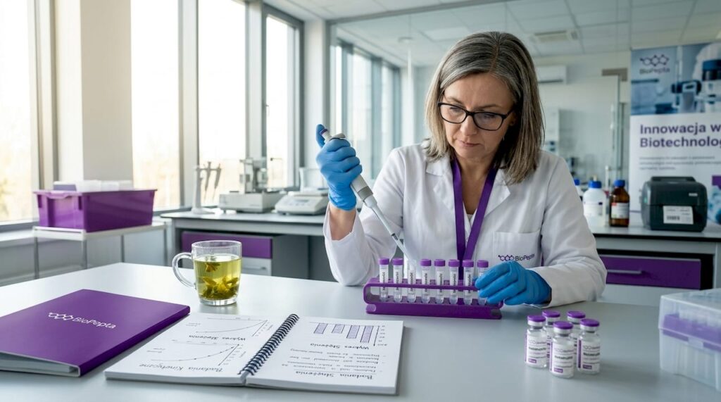 Naukowiec pracujący w laboratorium analizuje próbki peptydów.