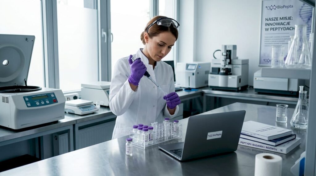 Naukowiec pracuje z peptydami przy nowoczesnym stanowisku laboratoryjnym.