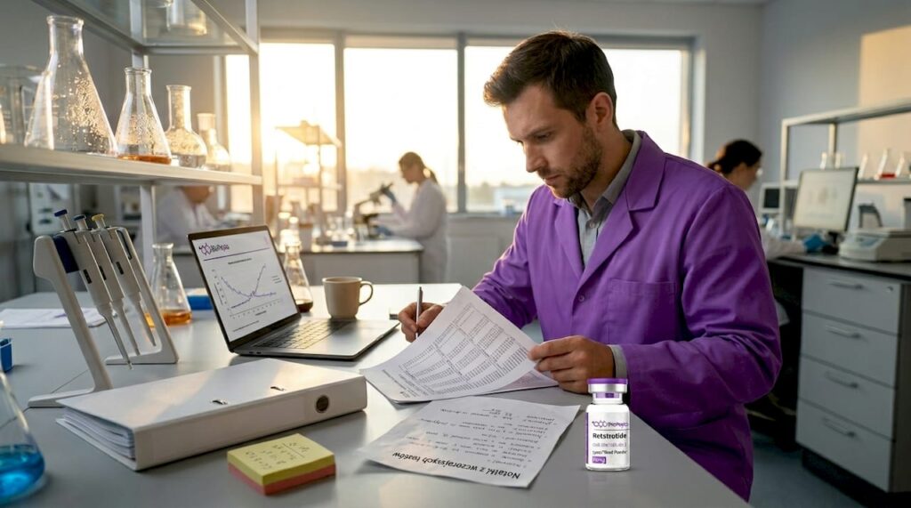 Naukowiec analizuje wyniki badań nad peptydami w laboratorium.