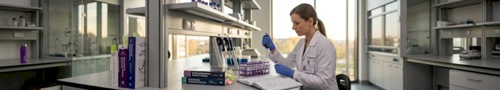 Naukowiec prowadzi badania nad próbkami peptydów w laboratorium.