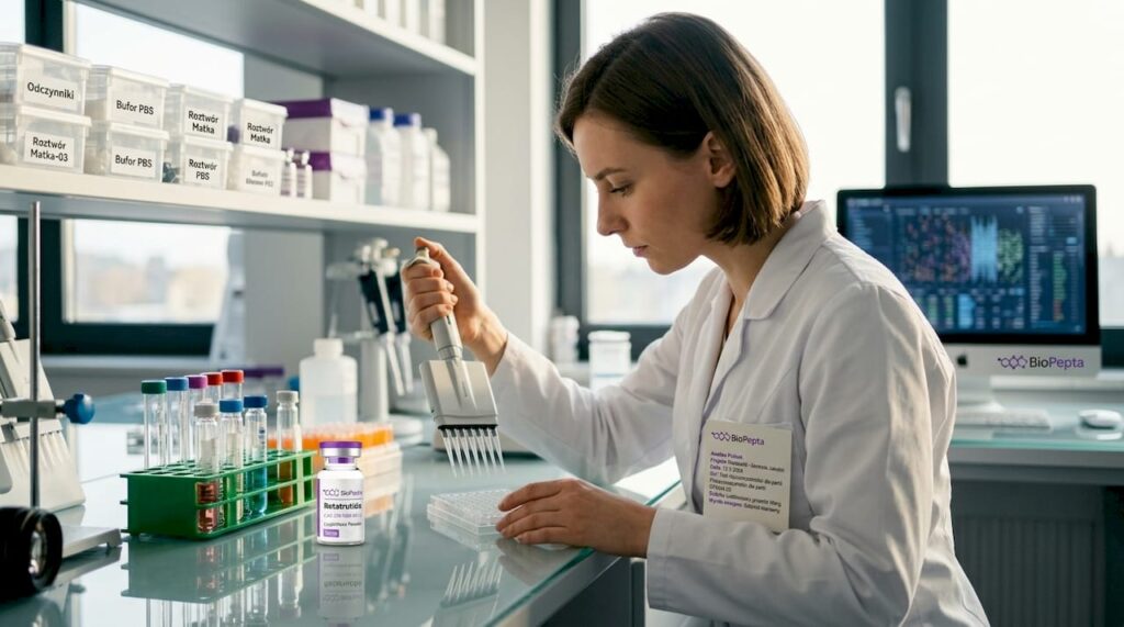 Naukowiec analizuje próbki peptydów w laboratorium.