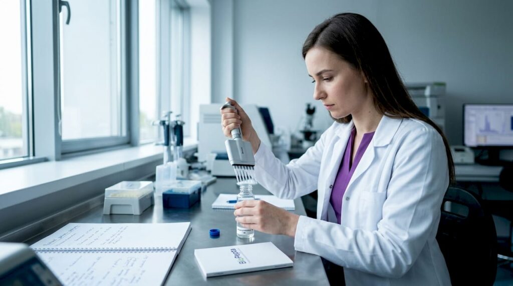Technik ostrożnie pracuje z fiolką zawierającą eksperymentalny preparat retatrutyd.