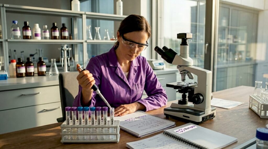 Naukowiec analizuje próbki NAD+ w laboratorium.
