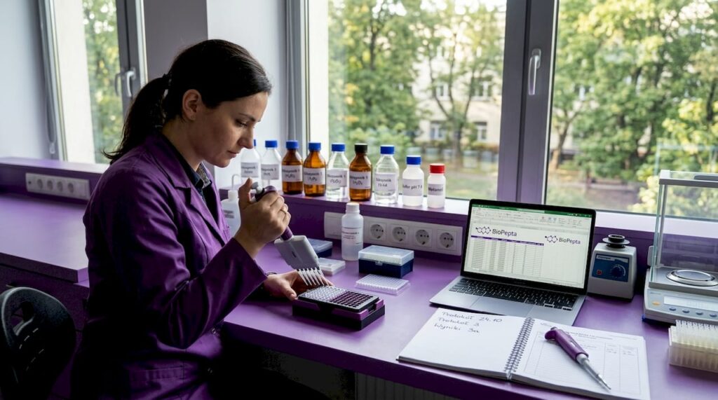 Chemik prowadzący badania nad peptydami syntetycznymi w laboratorium