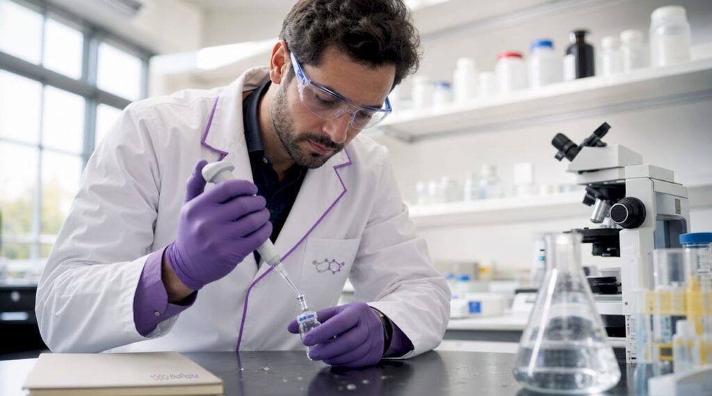 Naukowiec pracuje w laboratorium z peptydem GHRP-2